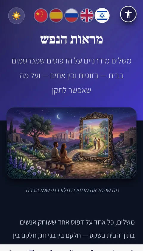 צילום מסך ממראות הנפש: כותרת האתר, בורר השפות ואיור פותח של סיפור.